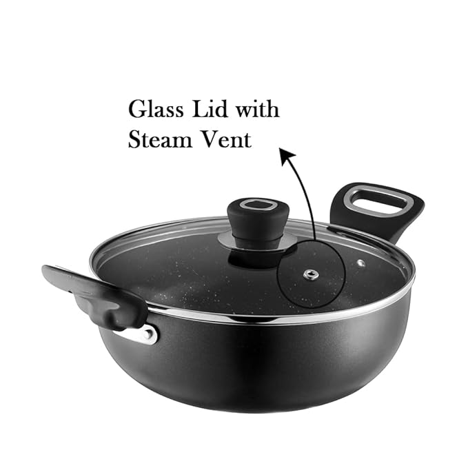 Vinod Zest Marbilo Non-Stick Deep Kadai with Glass Lid 3.3 litres (26 cm Diameter) with Riveted Sturdy Handles