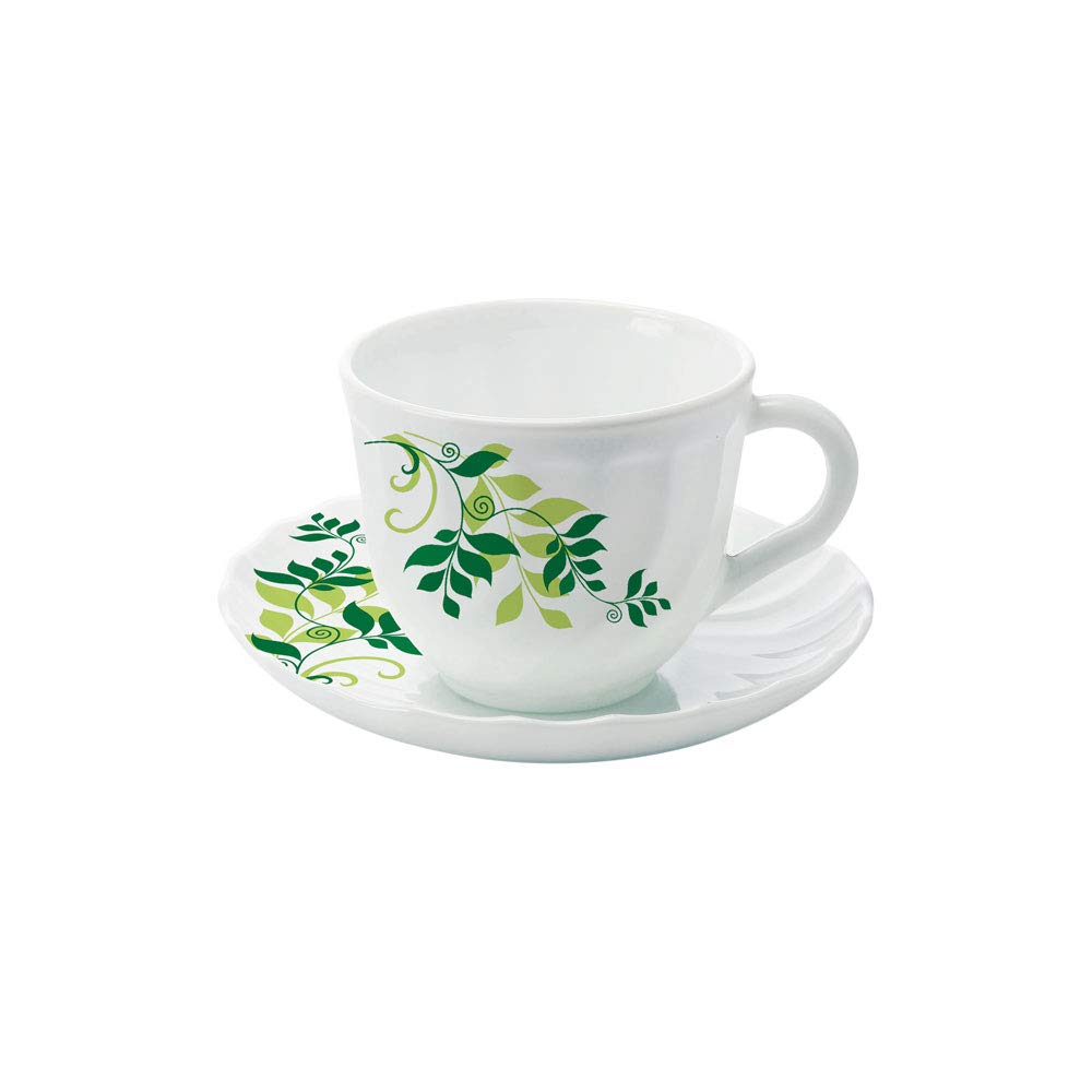 Larah by Borosil Fern Cup and Saucer Set | Set of 6 | 12-piece | 200 Ml Each | White