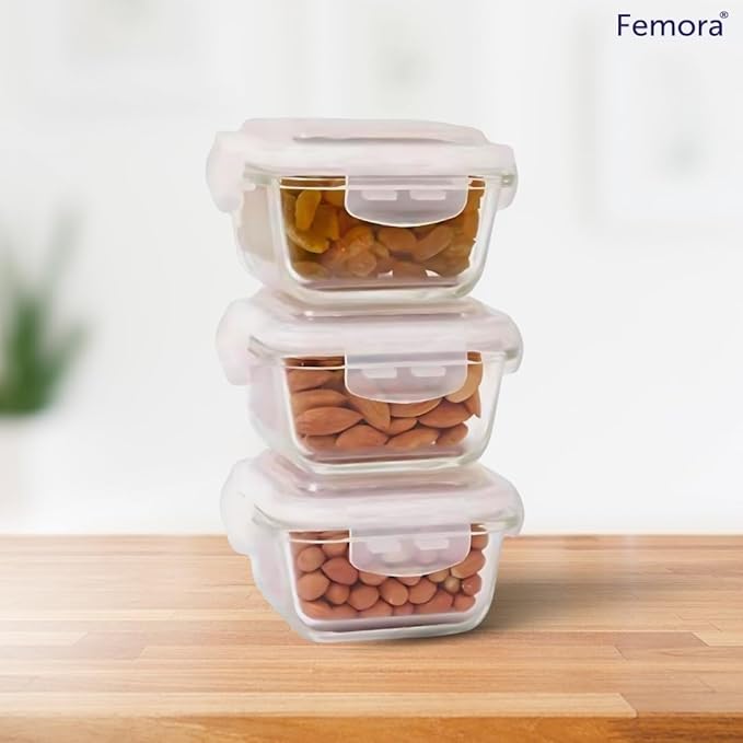 Femora Borosilicate Glass Containers for Kitchen | Storage Box for Kitchen With Air Vent Lid | Set of 3 |180 Ml
