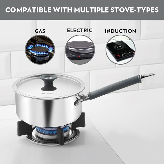 Borosil Cookfresh Tri-ply Stainless Steel Sauce Pan With Lid | Induction Friendly Tea Pan | 2.2 L | 18 Cm