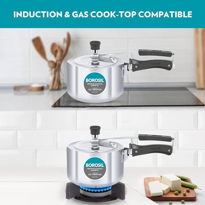 Borosil Presto Induction Base Inner Lid Aluminium Pressure Cooker, Silver | 2 Litres