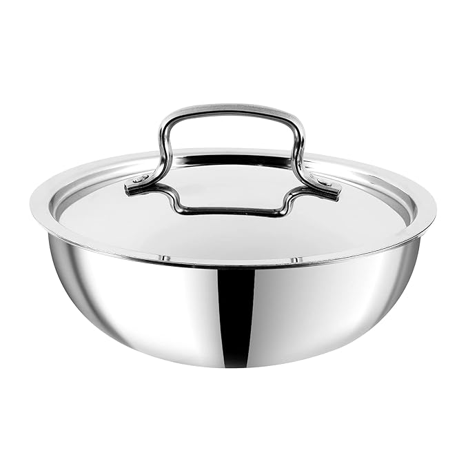 Vinod SAS Pro Platinum Triply Stainless Steel Extra Deep Tasla with Lid - 1.8 Litre | Tri ply Tasla Kadai with Induction Base