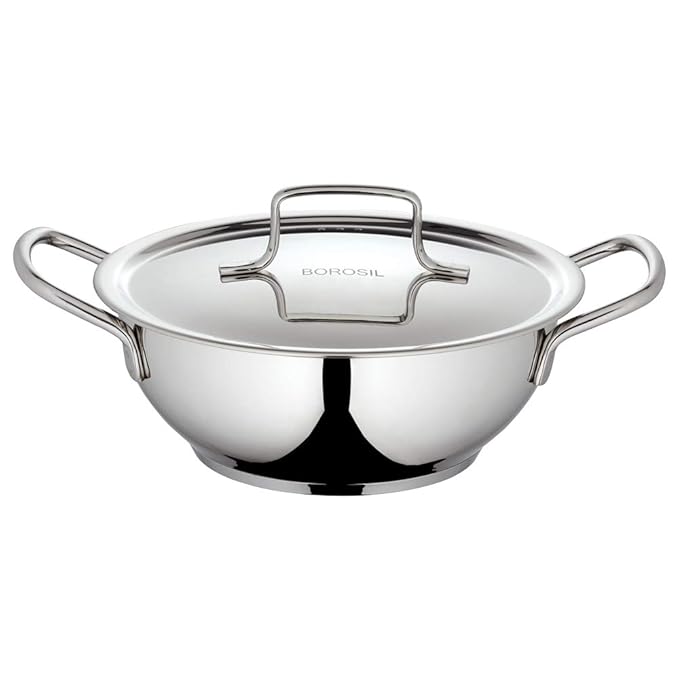 Borosil Stainless Steel Kadhai With Lid | Induction Friendly | Impact Bonded Tri-ply Bottom | 1.8 Litres | 30 Cm