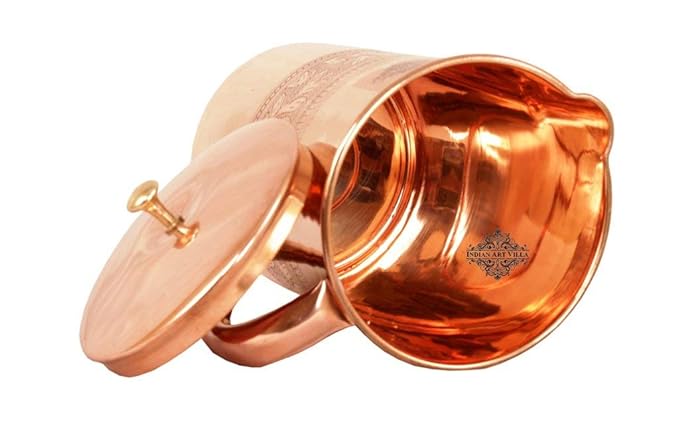 IndianArtVilla Embossed Design Copper Jug Pitcher with Brass Noob Volume - 1000 ml