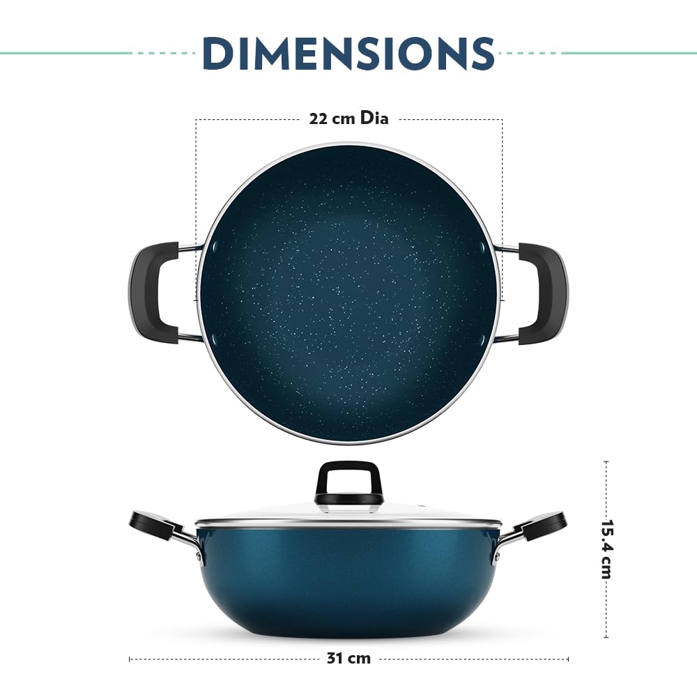 Borosil Prochef Non-stick Aluminum Kadhai With Lid 22 Cm | Gas Stove Compatible, Thick Uniform Body for Even Heating, Dishwasher Safe | 5 Layer Nonstick Coating