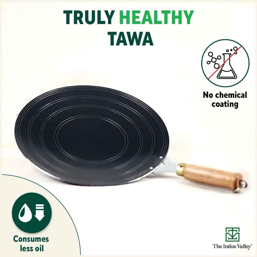 The Indus Valley Pre-Seasoned Iron Tawa for Dosa/Chapathi with Wooden Handle