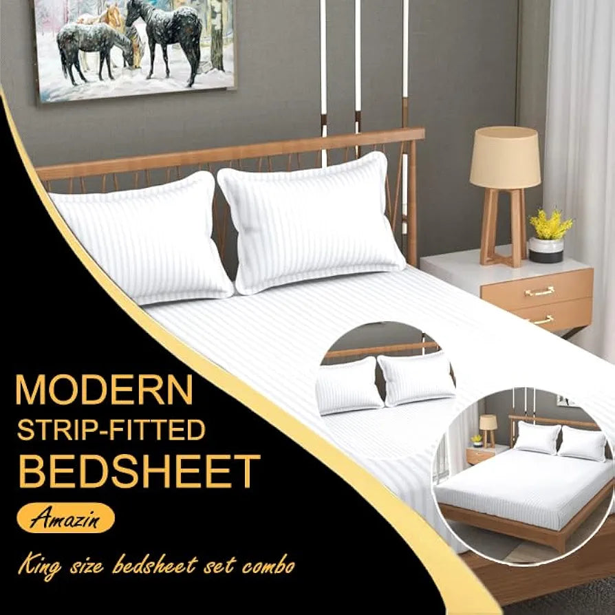 Fresh From Loom 240 TC Satin Striped Soft Bed Covers King Size Bed with Two Pillow Cover Elastic Bedsheet White