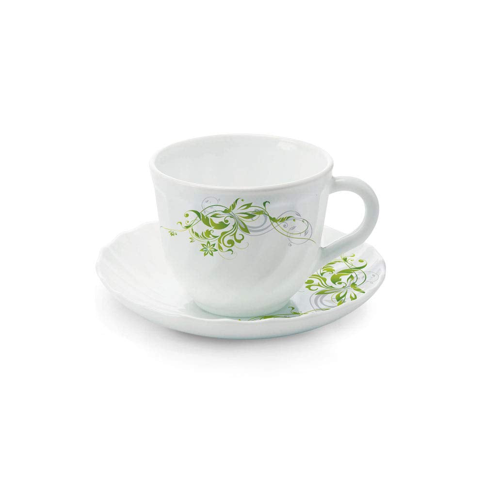 Borosil Larah Erba Cup and Saucer Set | Set of 6 |12-piece | 220ml | White