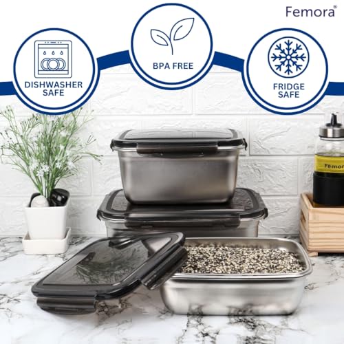 Femora High Stainless Steel Rectangular Container, Leakproof Airtight Lid | 350 Ml, 550 Ml, 850 Ml | Pack of 3 | Silver
