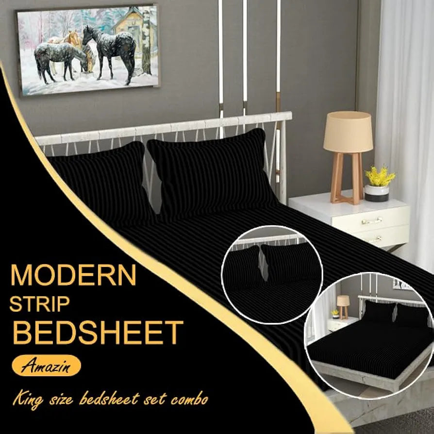 Fresh From Loom Breathable Queen Size Flat Solid Bedsheets Hotel & Home Double Bedsheet Set With 2 Pillow Covers 144 Tc Black