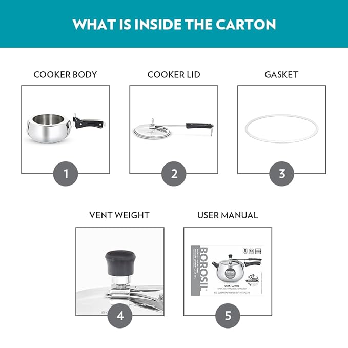 Borosil Pronto Induction Base Inner Lid Stainless Steel Pressure Cooker | 6.8 Mm Thick Base | 1 Litres