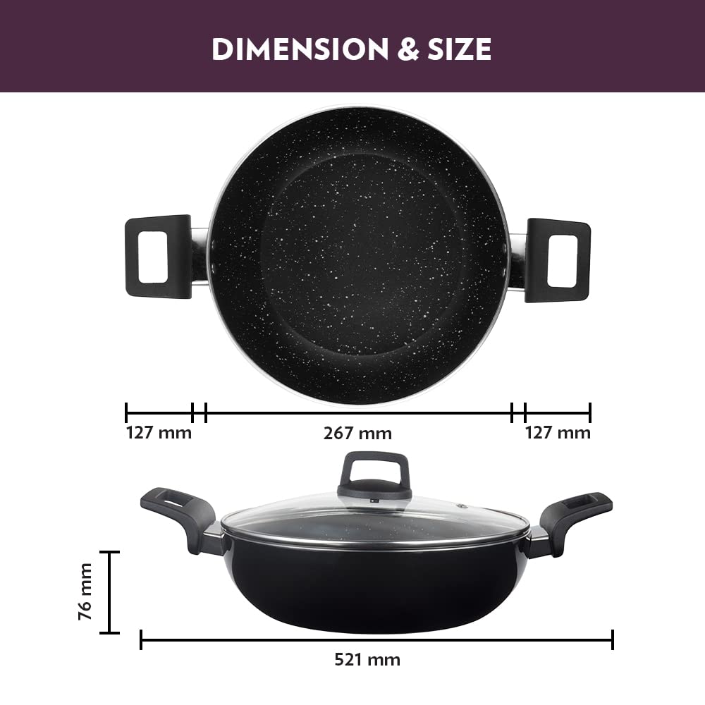 Borosil Granito Non-Stick Kadhai with Glass Lid | Induction Friendly | Granite Finish | PFOA-Free | 26 cm Diameter