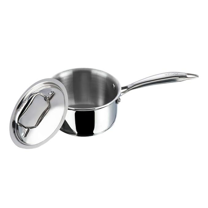 Vinod Platinum Triply Stainless Steel Saucepan with Lid - 2.2 litres (18 cm) | 2.5 mm Thick | Tea, Chai Pan