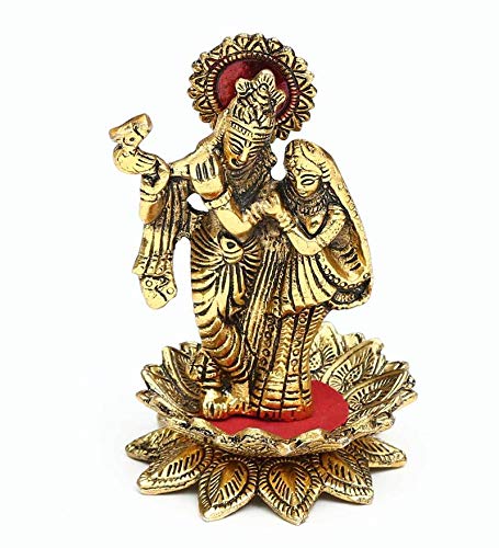 KridayKraft Radha Krishna idols Standing on Lotus Flower with playing Flute Gold plated