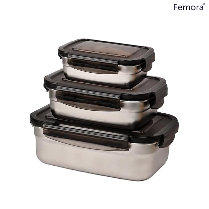 Femora High Alloy Steel Rectangle Airtight Leakproof Container With Lock Lid for Office | 350ml, 550ml, 850ml | Silver | Set of 3