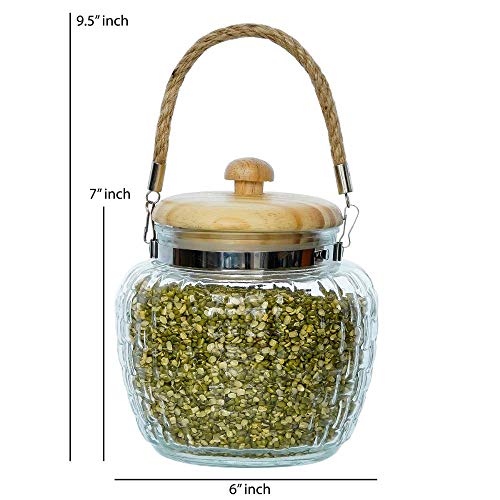 Femora Kitchen Storage Jars Embossed Glass Jar With Wooden Lid & Jute Chain Air Tight Jar | 1500 Ml | Pack of 2