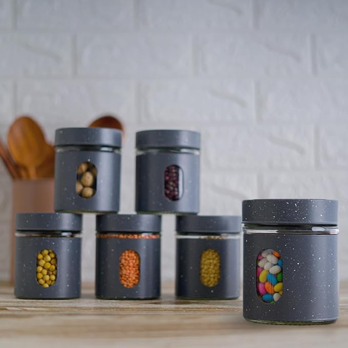 Femora Carbon Steel Jar for Kitchen Storage With Clear Glass Window and Carbon Steel Lid | 300 Ml | 6 Pieces Set | Blue- Green