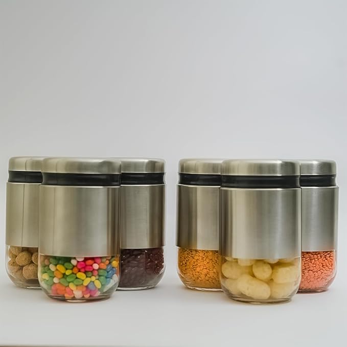 Femora Kitchen Storage Jars Steel Body With See Through Bottom Jar | 550 Ml | Pack of 6