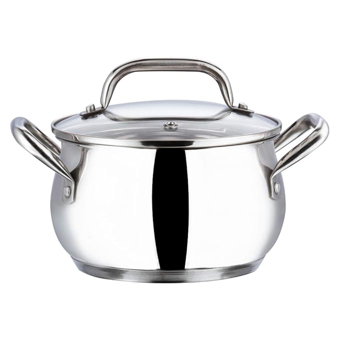 Vinod Almaty Stainless Steel Saucepot with Glass Lid 2 Litre, 16 cm | 2.6mm Thick Base | Triply Saucepot,Sturdy Riveted Handle