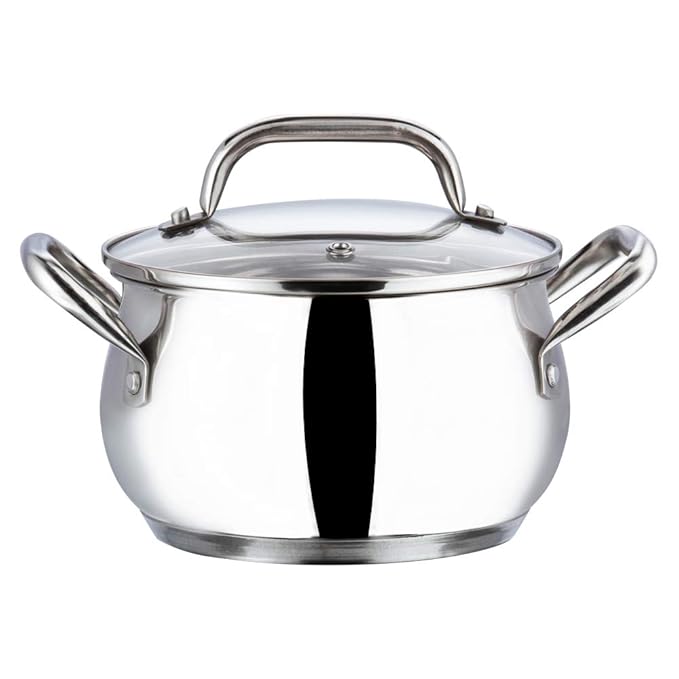 Vinod Almaty Stainless Steel Saucepot With Glass Lid 1.3 Litre, 14 Cm | 2.6mm Thick Base | Triply Casserole | Sturdy Riveted Handle
