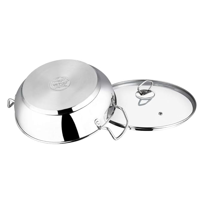 Vinod Stainless Steel Kadhai with Glass Lid - 2.7 Litre, 24cm | Extra Thick, SAS Heavy Bottom | Kadai for Cooking