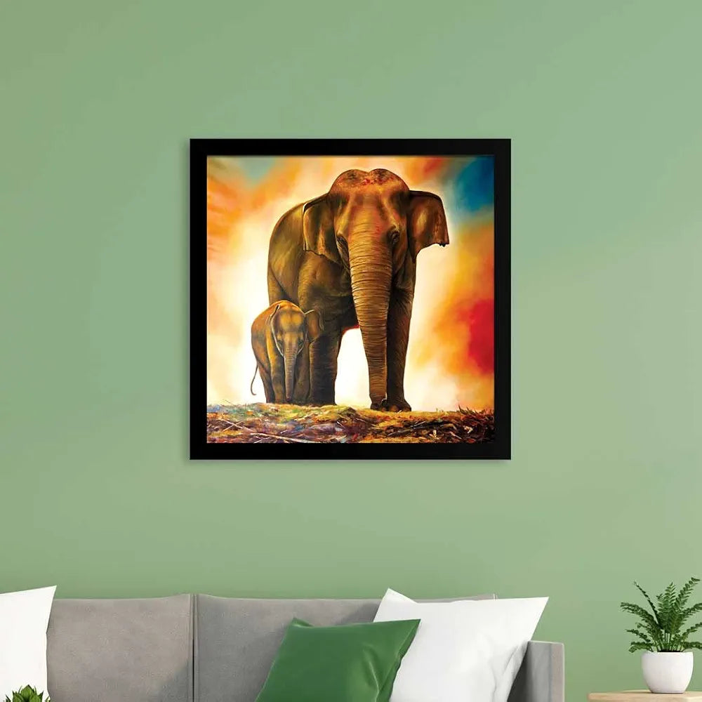 ArtX Elephant and Baby Abstract Big Canvas Painting For Bedroom With Frame