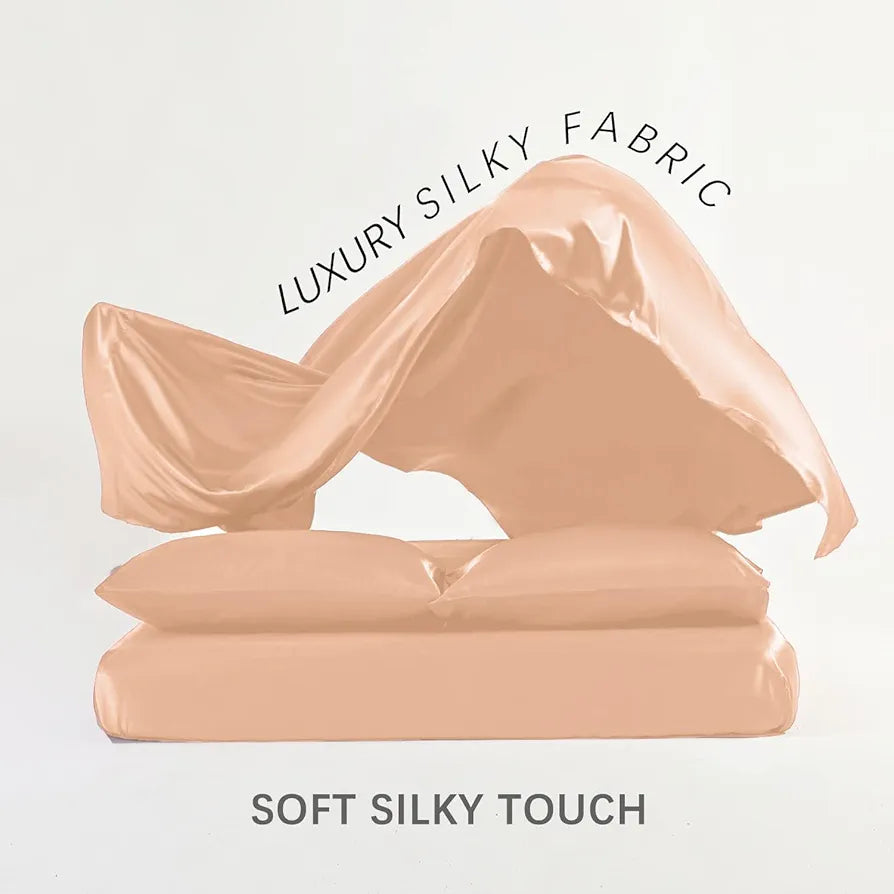 Cloth Fusion Satin Bedsheet for Queen Size Bed Set of 1 Satin Sheet 2 Pillow Covers Peach Colour