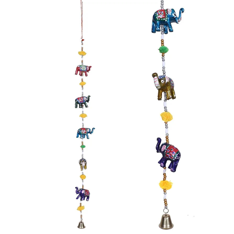 Heart Home Handcrafted Elephant Door Latkan with Bells Rajasthani Traditional Hanging Windchimes Pair
