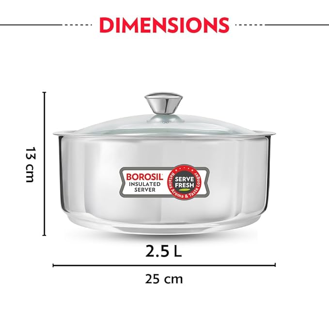 Borosil 2.5 L Stainless Steel Insulated Roti Server | Odur Proof, Food Grade, Toughned Glass Lid, Puf Insulated | Chapati Casserole