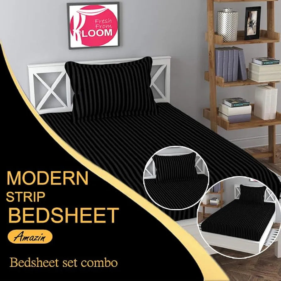 Fresh From Loom Breathable Single Size Flat Bedsheets Hotel & Home Plain Bedsheet Set with 1 Pillow Covers Black Tc 144