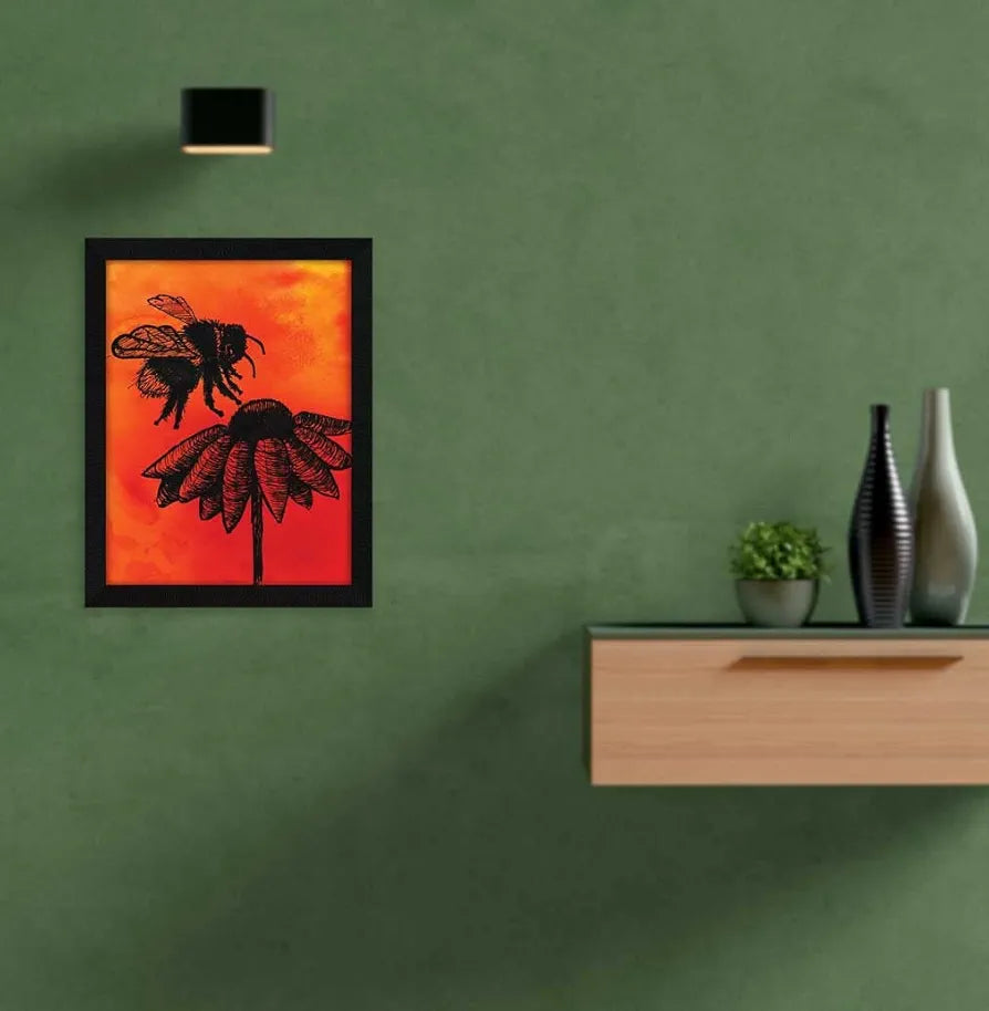 ArtX Paper Line Art Bee Sunflower Frame Wall Art Painting