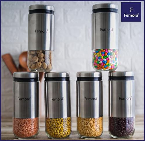 Femora Kitchen Storage Jars Steel Body With See Through Bottom Jar | 900 Ml | Pack of 4