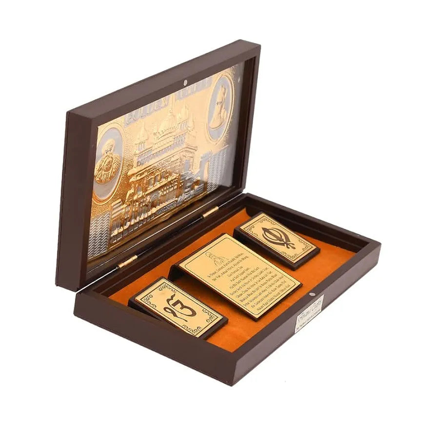 Jaipur Ace Satnam Shri Waheguru Ji Gold Plated Charan Paduka Yantra With Wooden Box