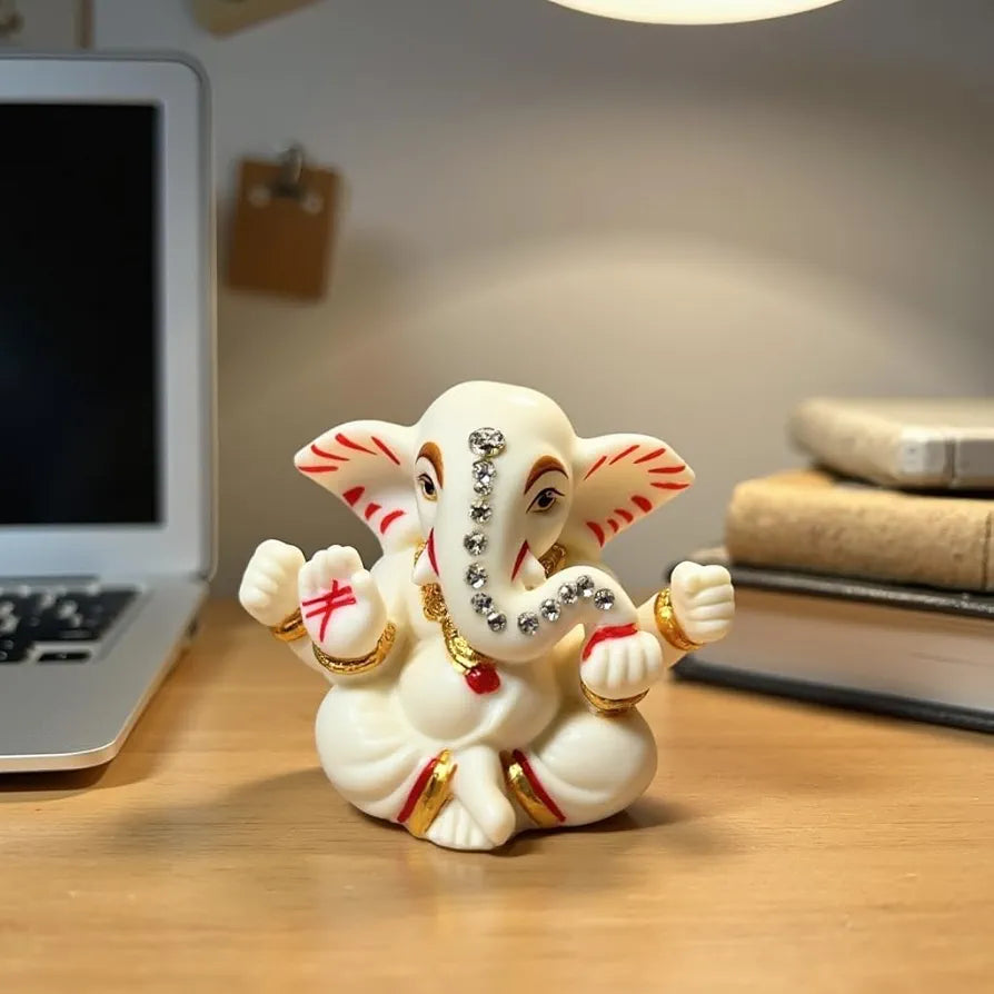 Unovate Ganesha Idol for Car Dashboard Elegant Marble Finish