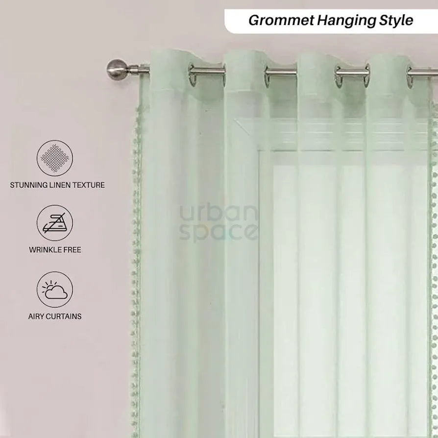 Urban Space Linen Textured Sheer Curtain for Door Room Darkening, Decorative Curtains Hanging Style Set of 2 Curtains Mint Green with pom pom