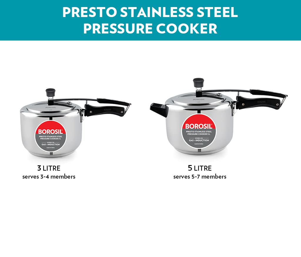 Borosil Presto Induction Base Stainless Steel Inner Lid Pressure Cooker | 5 Litres