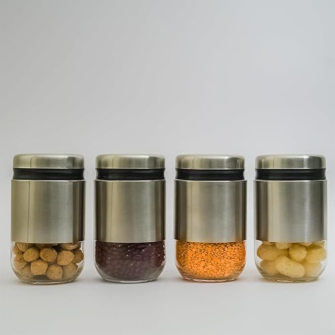Femora Kitchen Storage Jars Steel Body With See Through Bottom Jar | 550 Ml | Pack of 4