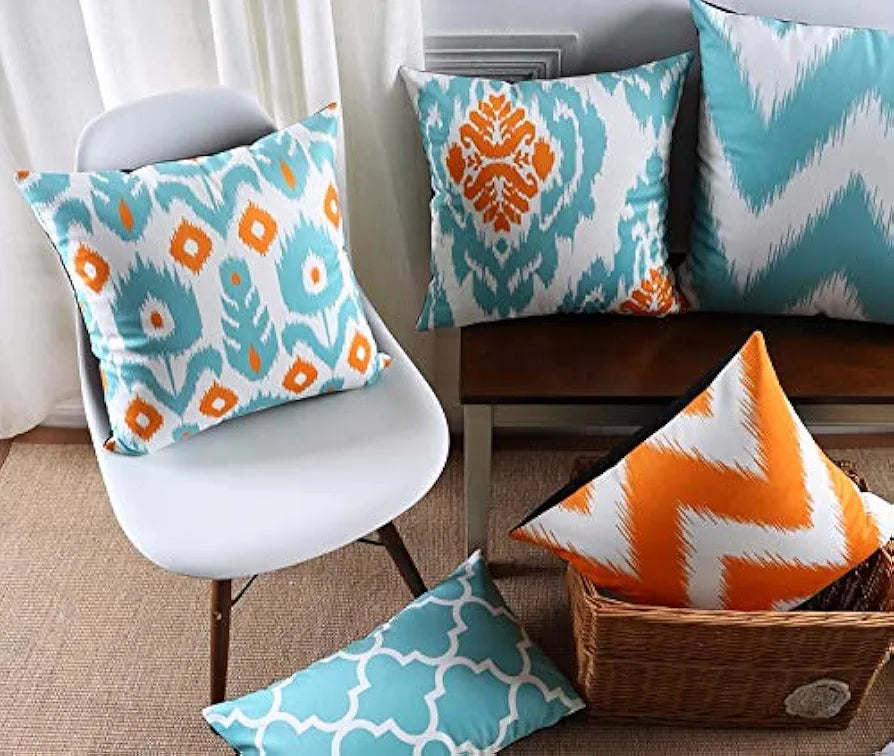 Aerohaven Ikat Style Cushion Covers Teal & Orange Abstract Prints Cotton Decorative Throw Pillows for Sofa & Home