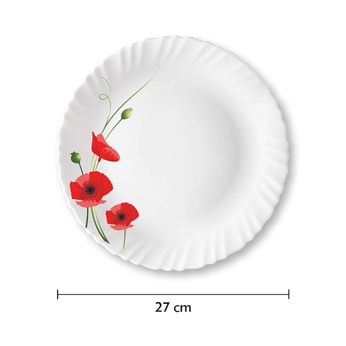 Larah by Borosil R.carnation, Opalware Full Plate | 11 Inch | White | Set of 6