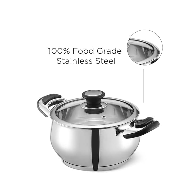 Vinod Durban Stainless Steel Saucepot Handi with Glass Lid - 2.7 Litre, 18 cm | Stylish Durable Handles