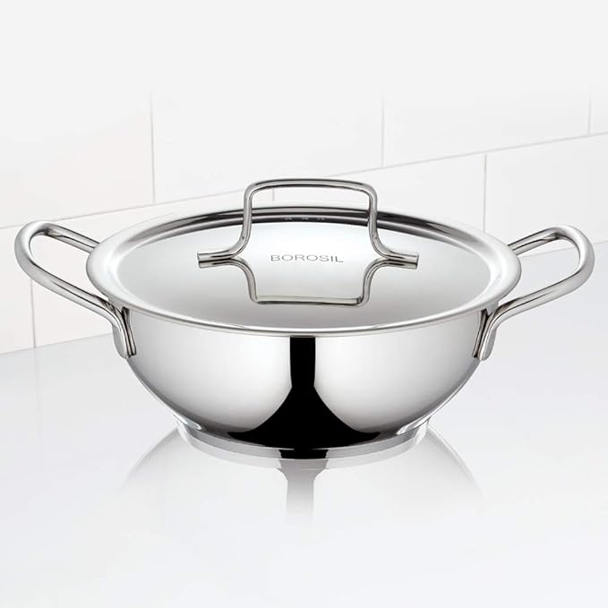 Borosil Stainless Steel Kadhai With Lid | Induction Friendly | Impact Bonded Tri-ply Bottom | 2.3 Litres | 22 Cm