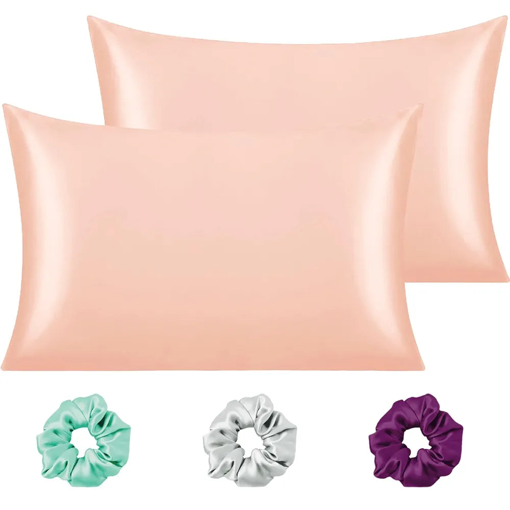 Cloth Fusion Satin Pillow Cover Set of 2 Pillow case with 3 Satin Soft Scrunchies Peach Colour