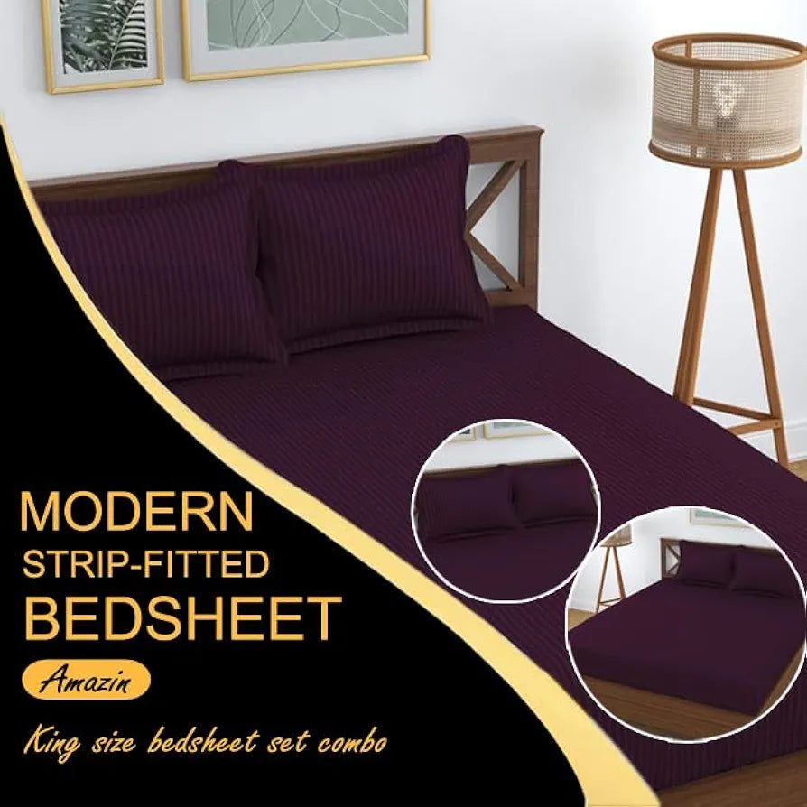 Fresh From Loom 240 TC Satin Striped Elastic Fitted Bed Sheets King Size Bed with Two Pillow Cover Wine