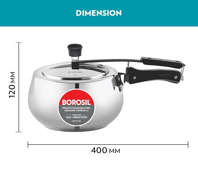 Borosil Pronto Induction Base Stainless Steel Pressure Cooker | 3 Litres