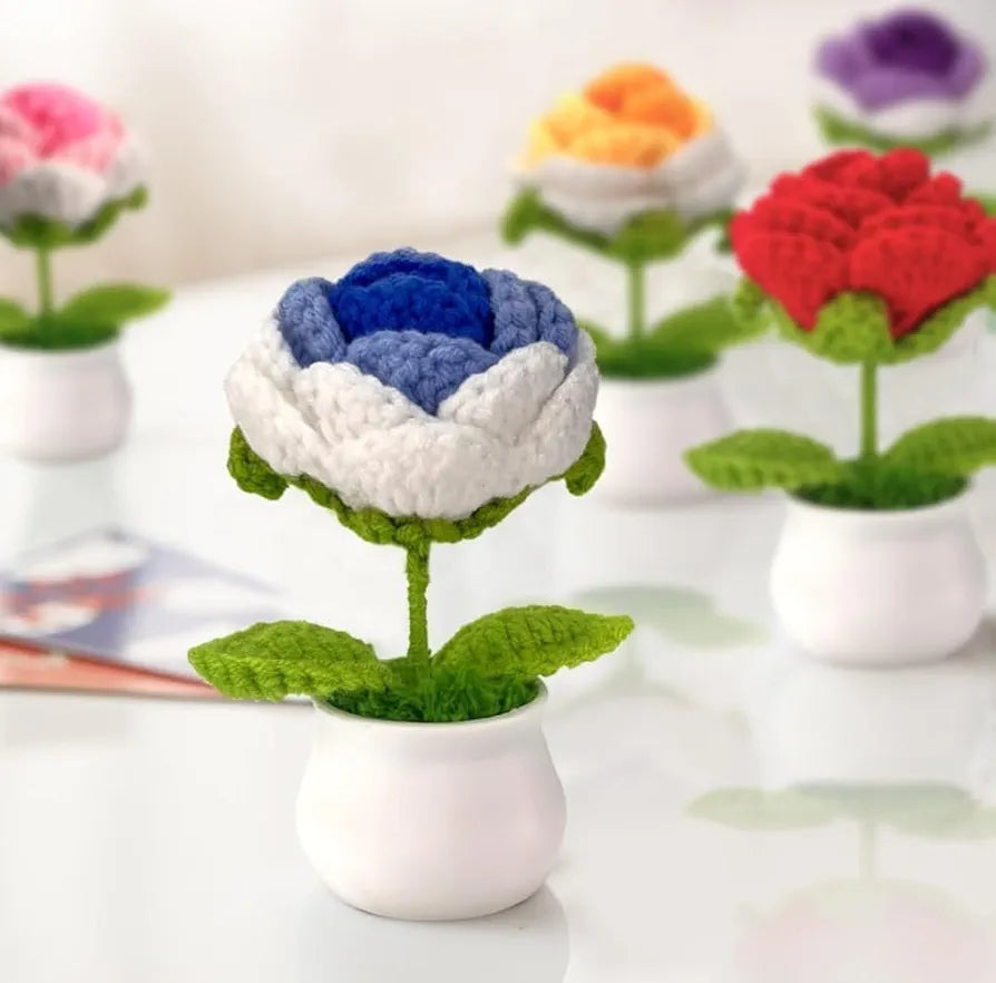 Handmade Crochet Flower Pot Blue Rose Shaded 1 PC Artificial Flower Knitted Flower