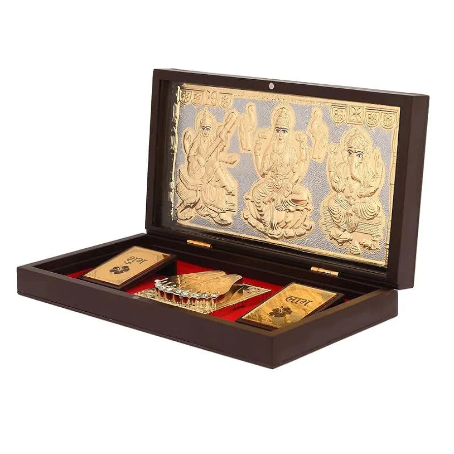 Jaipur Ace Gold Plated Laxmi Ganesh Saraswati Charan Paduka Yantra Devotional Prayer Box Standard