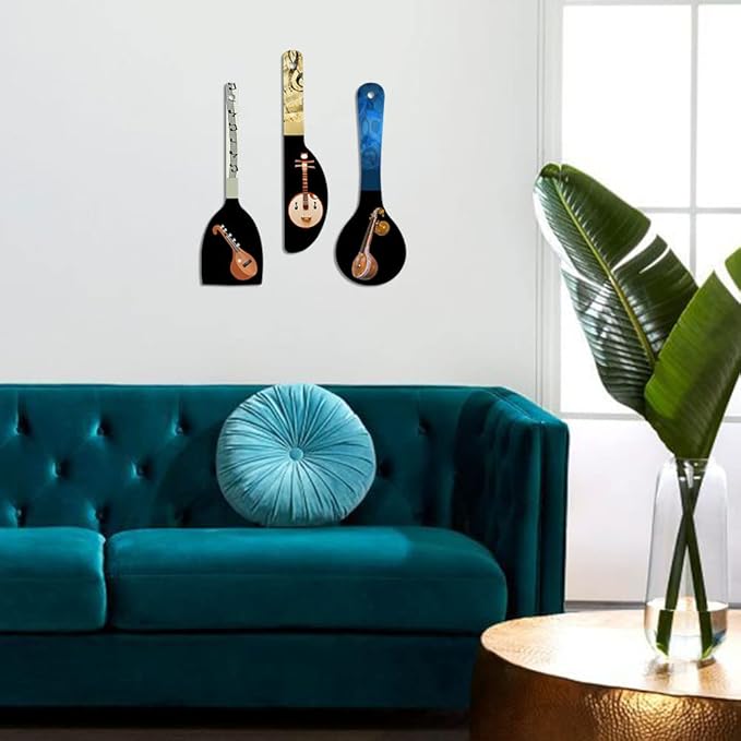 Artvibes Sitar Music Instrument Wooden Wall Hanger for Home | Artworks | Set of 3