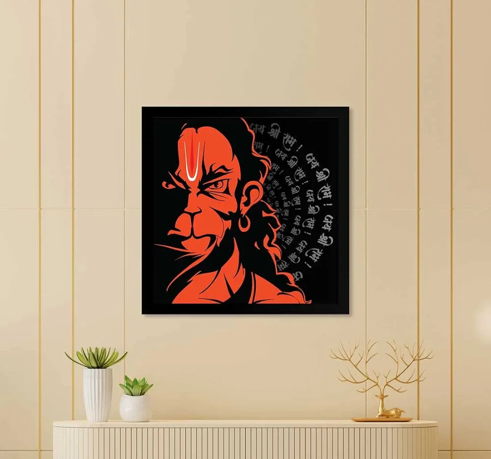 ArtX Hanuman Ji With Mantra Big Canvas Painting For Living Room With Frame Square