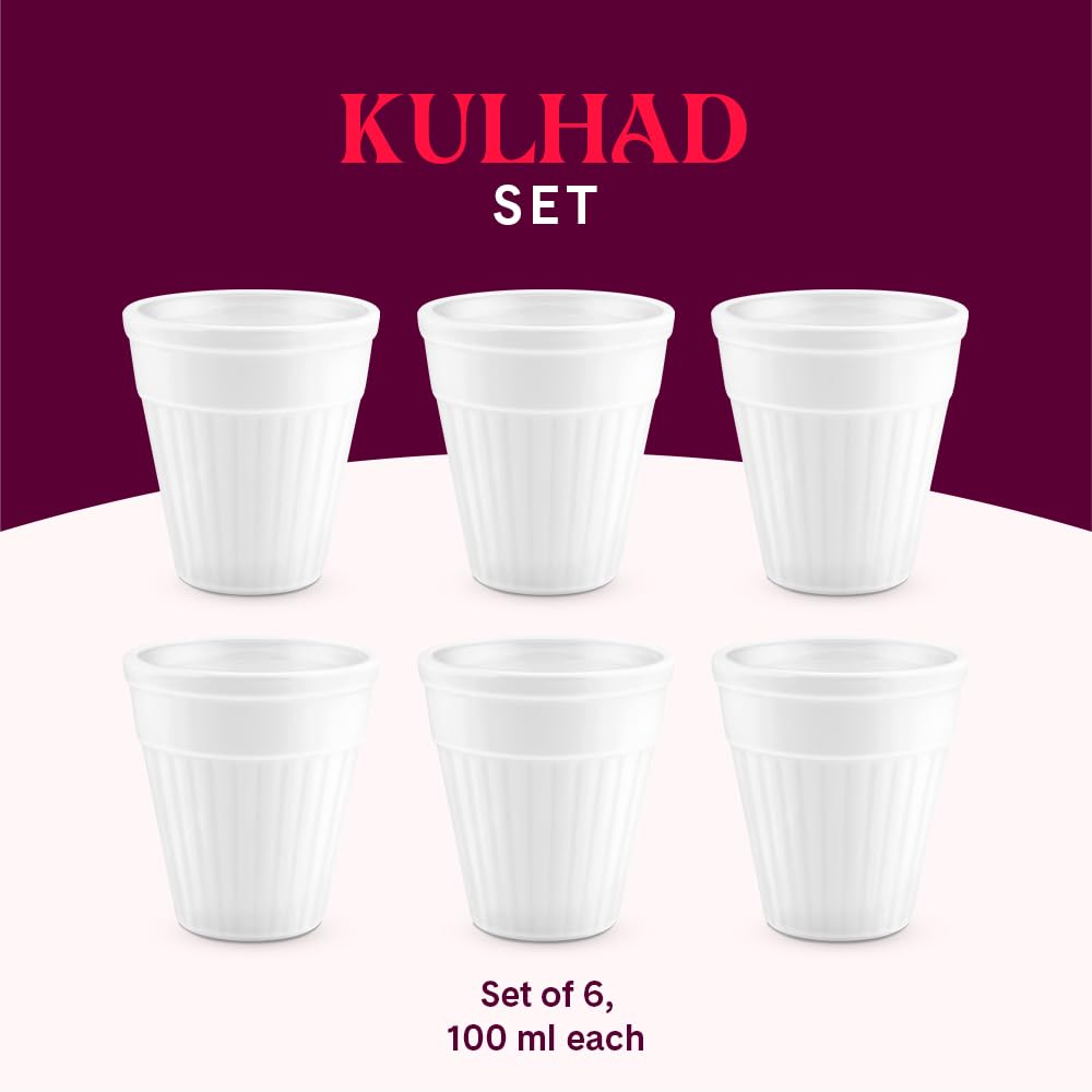 Larah by Borosil 6 Pcs Tea/coffee Opalware Kulhad Set | 100 Ml Each