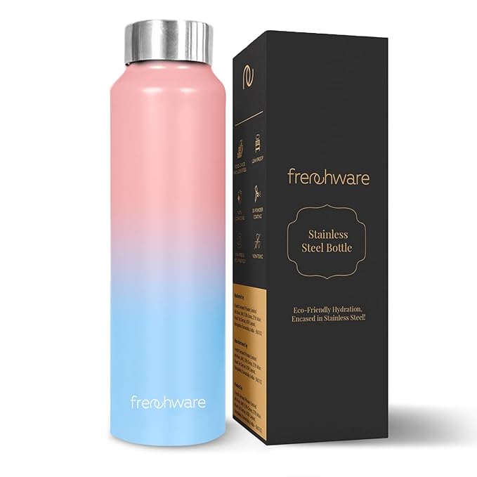 Frenchware Water Bottle 1 Litre, Stainless Steel, Premium SS 304, Sky-Blush | Easy-to-Clean